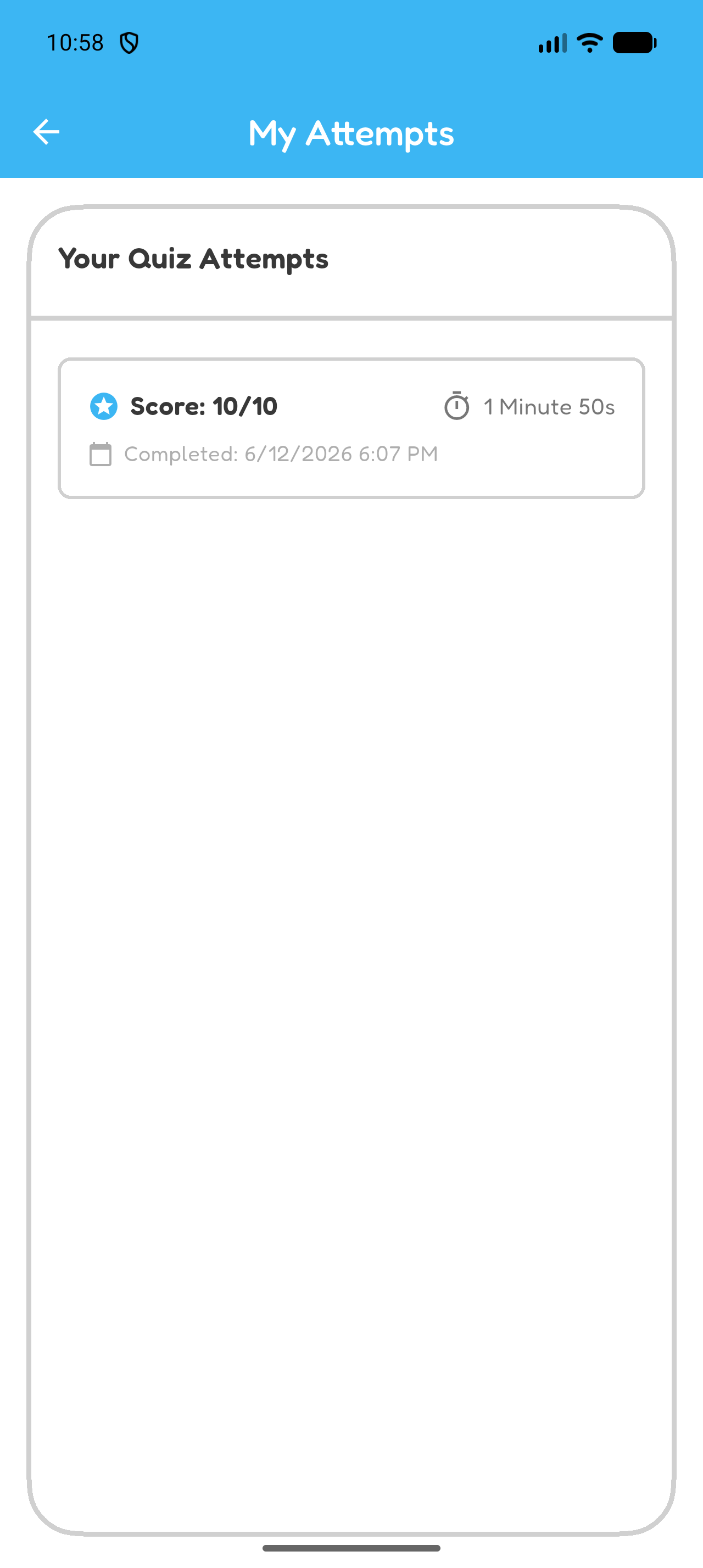 Hoppy My Attempts page showing a completed quiz attempt, score, time, and completion date.