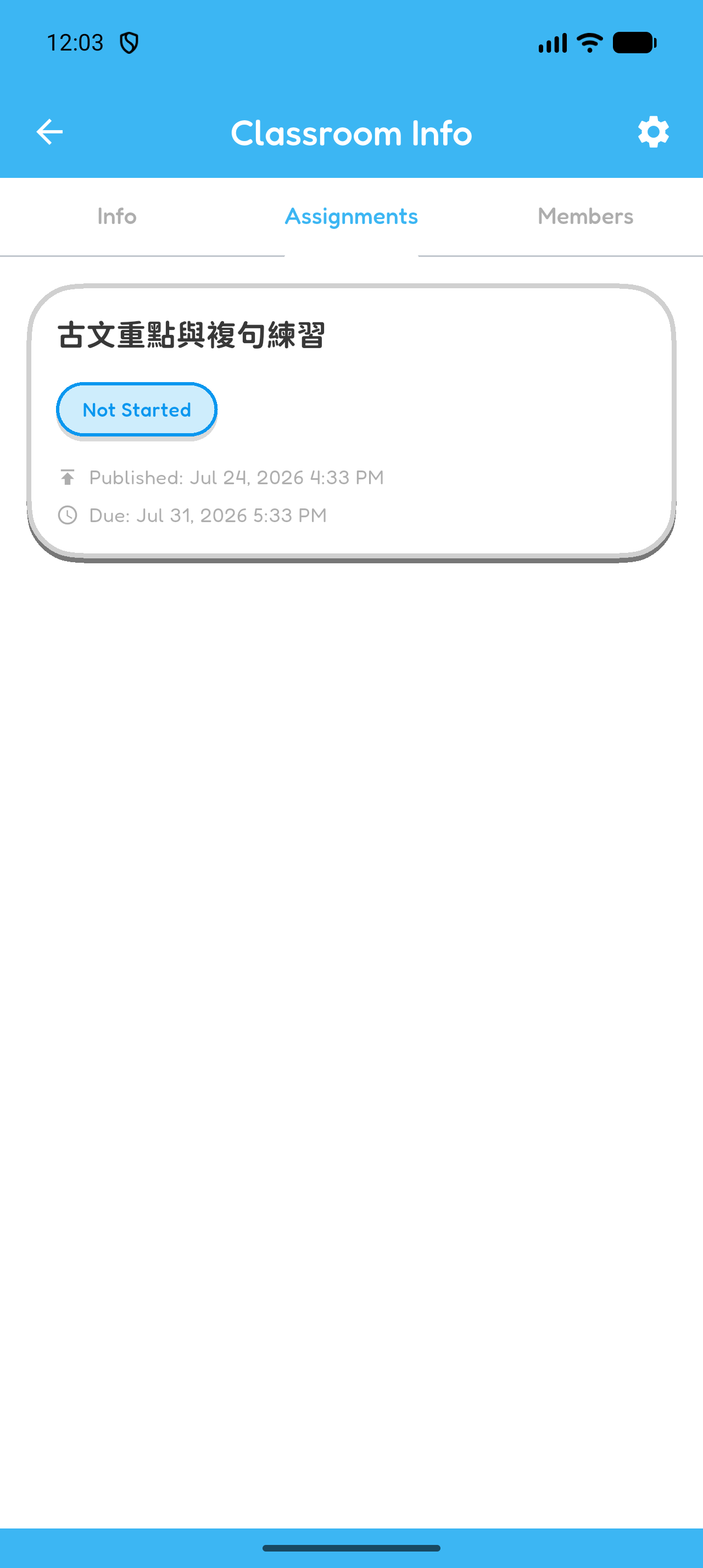 A classroom Assignments tab showing an assignment with Not Started status.