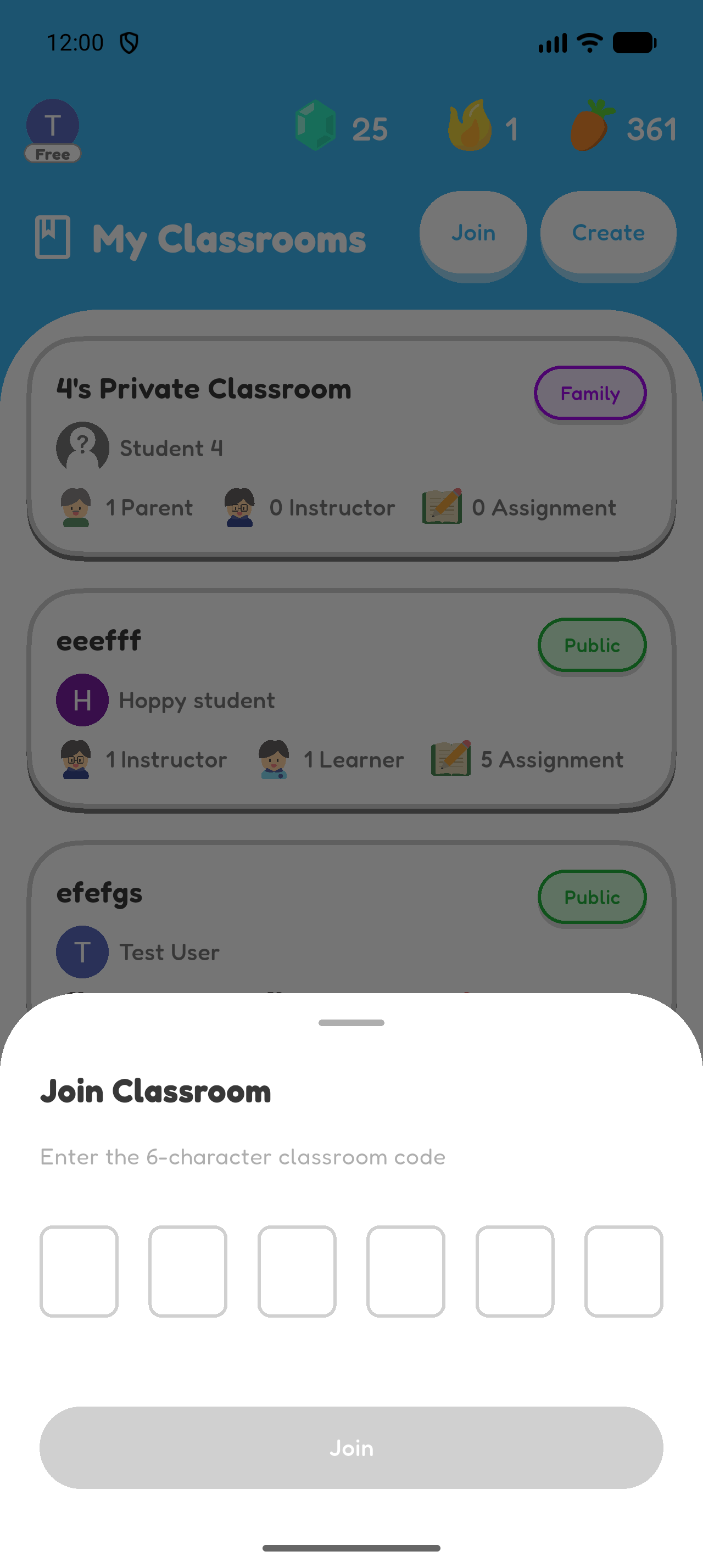 Hoppy My Classrooms page with the Join Classroom code-entry sheet open.