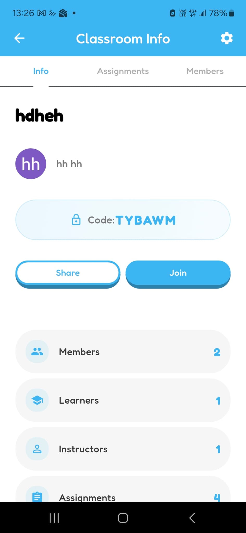 Hoppy Classroom Info page opened from a classroom link, with the Join button available.