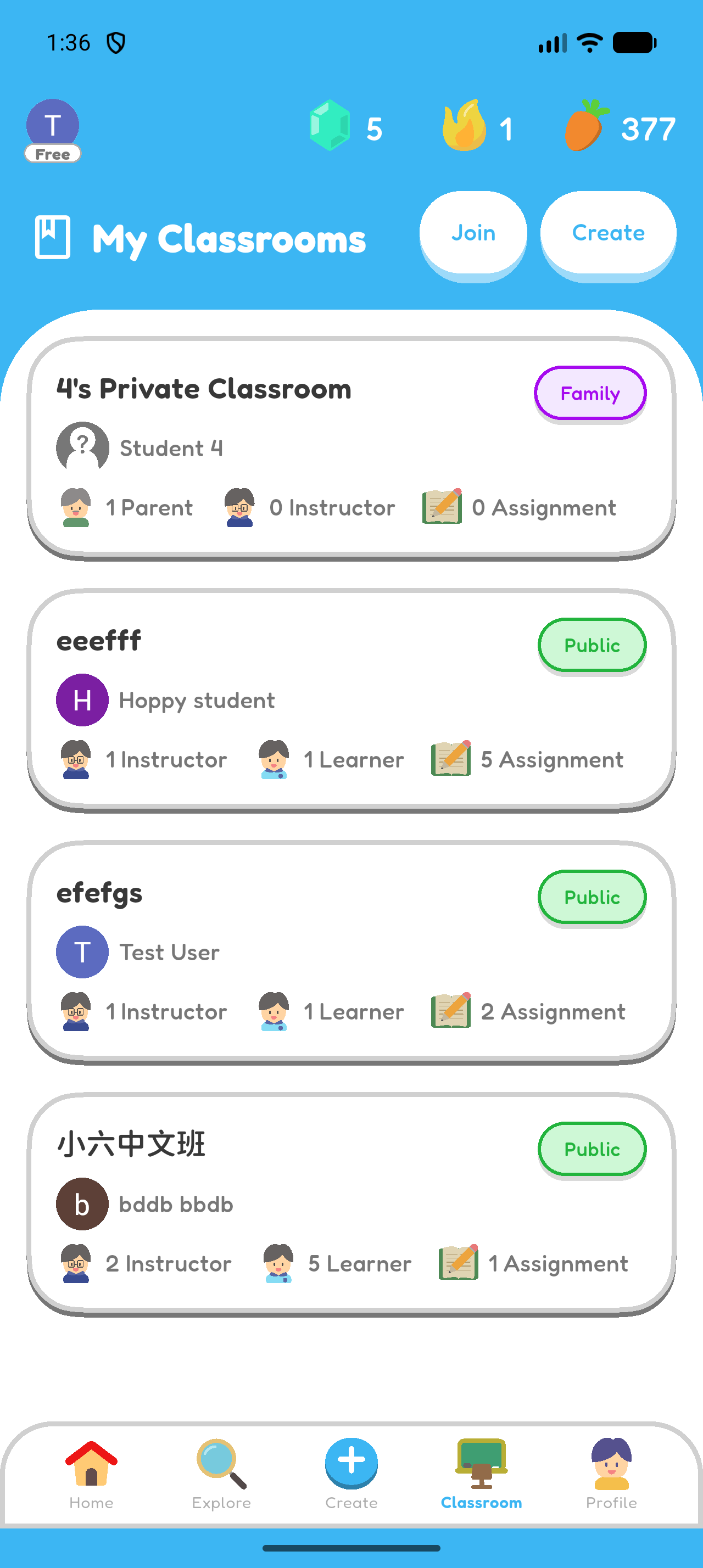 The current student account on the Hoppy My Classrooms page, with Classroom selected in the bottom navigation.
