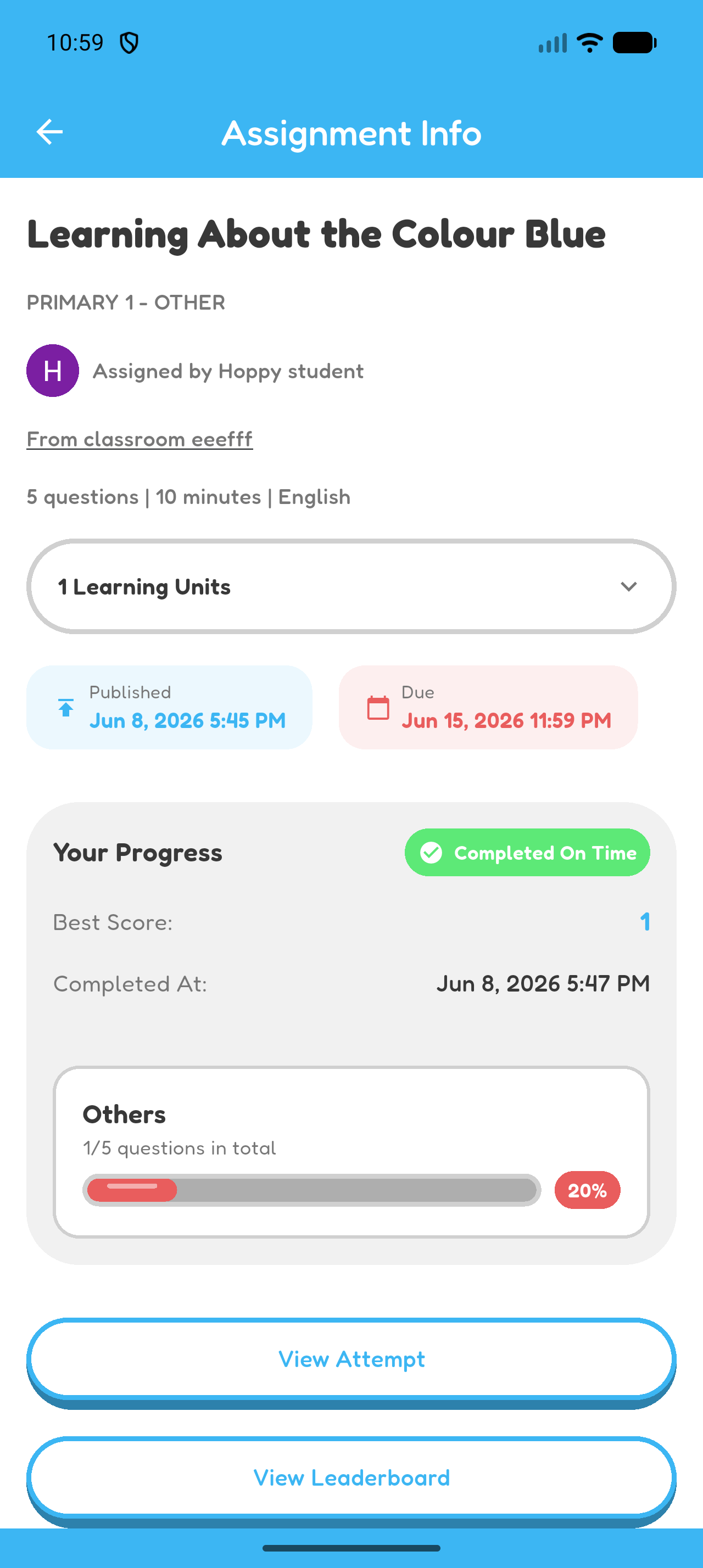 Hoppy Assignment Info showing Completed On Time, best score, completion time, and learning-unit progress.