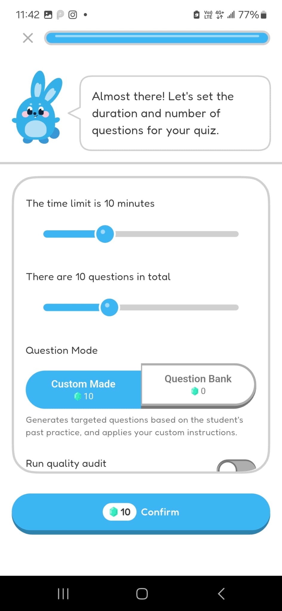 Hoppy quiz setup screen showing a 10-minute duration, 10 questions, Custom Made selected, and Question Bank as the alternative.
