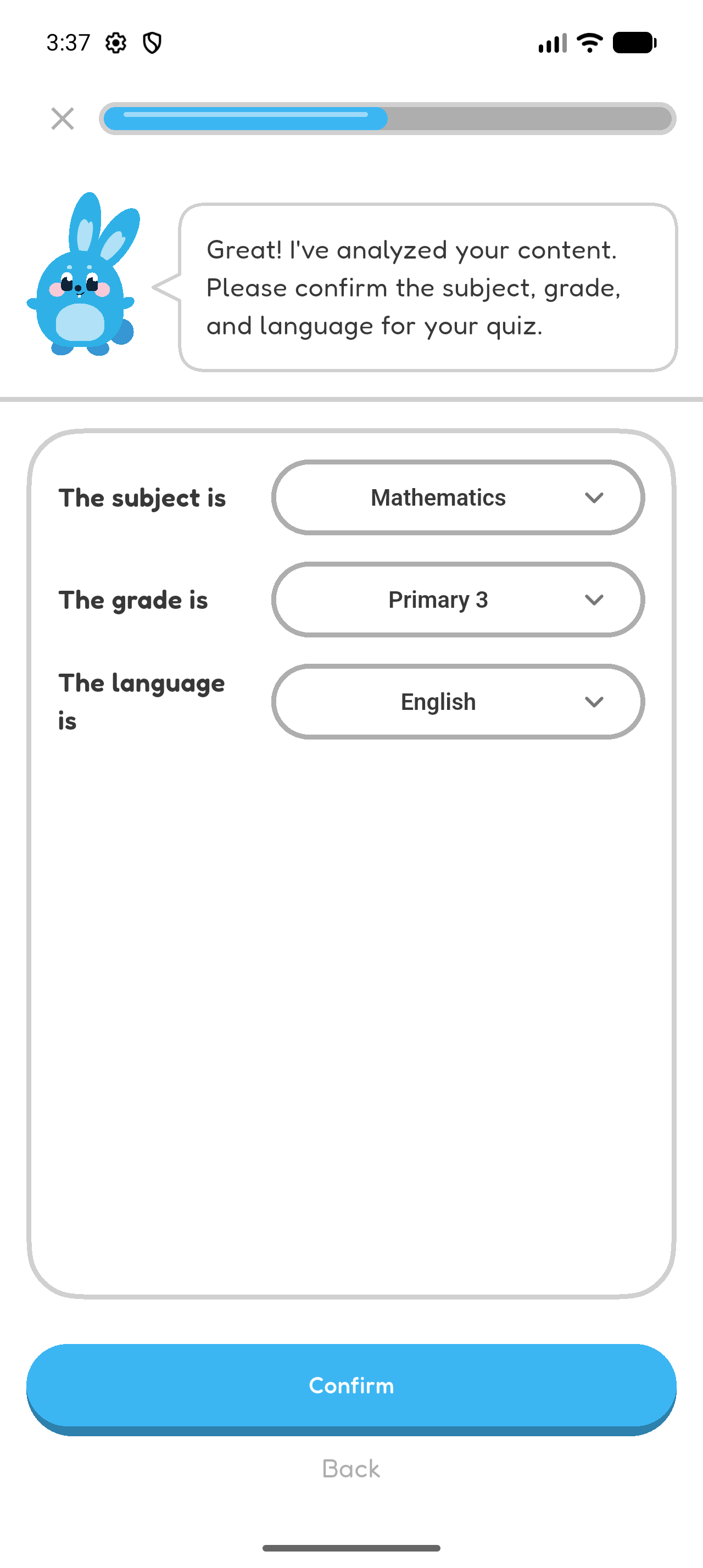 Hoppy Create screen showing detected Mathematics, Primary 3, and English context selections.