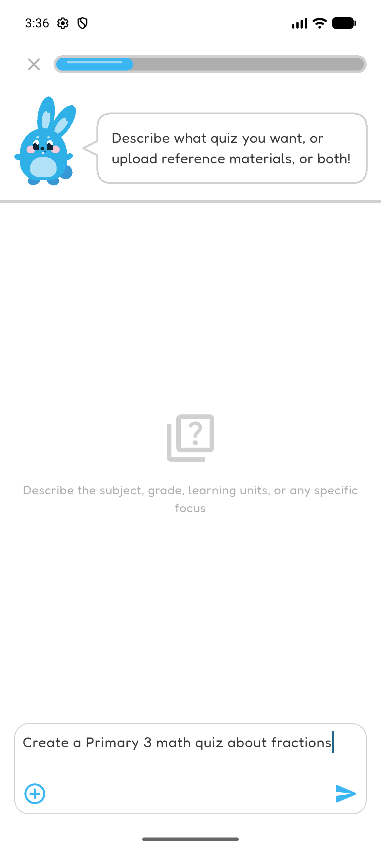 Hoppy Create screen with a Primary 3 mathematics fractions quiz description entered.