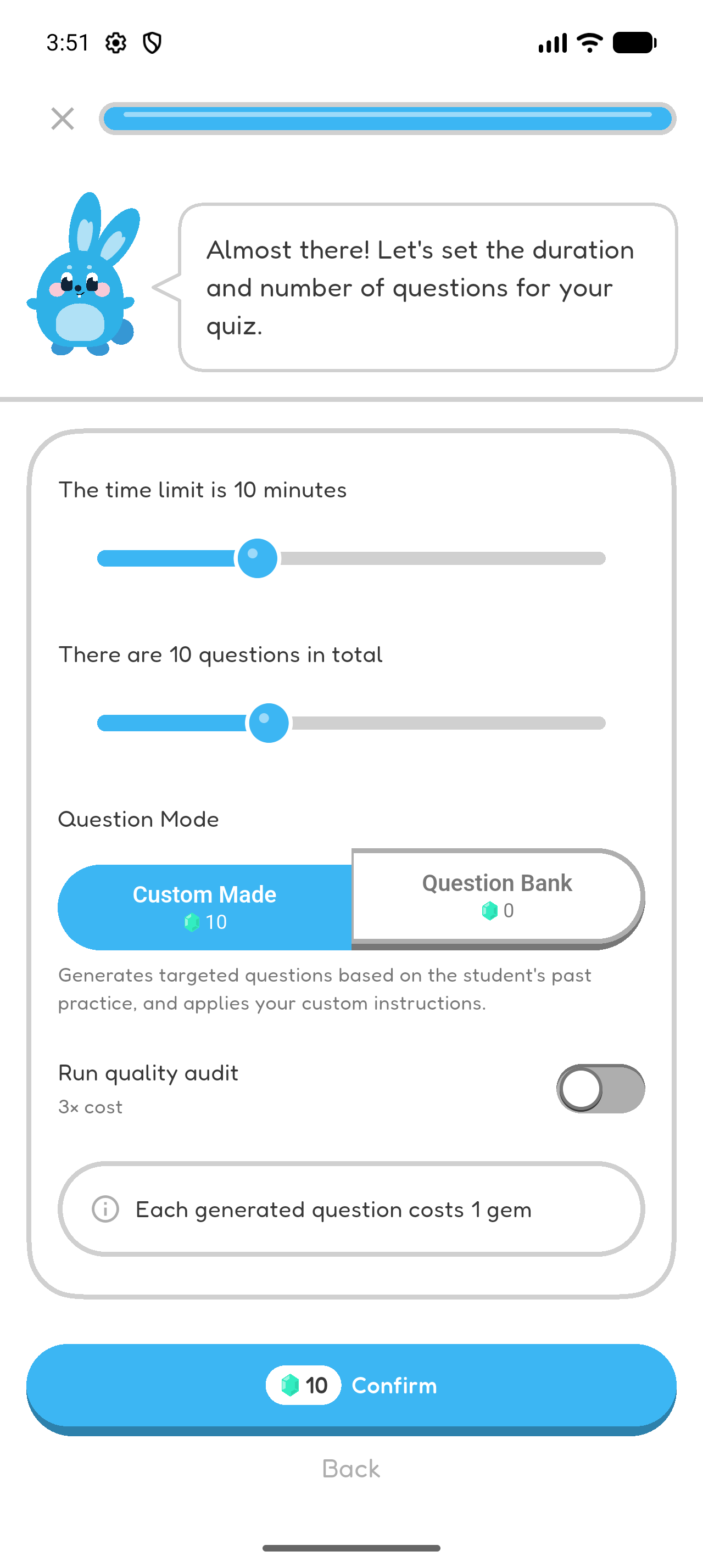 Hoppy Create quiz settings showing duration, question count, Custom Made, Question Bank, and Confirm.