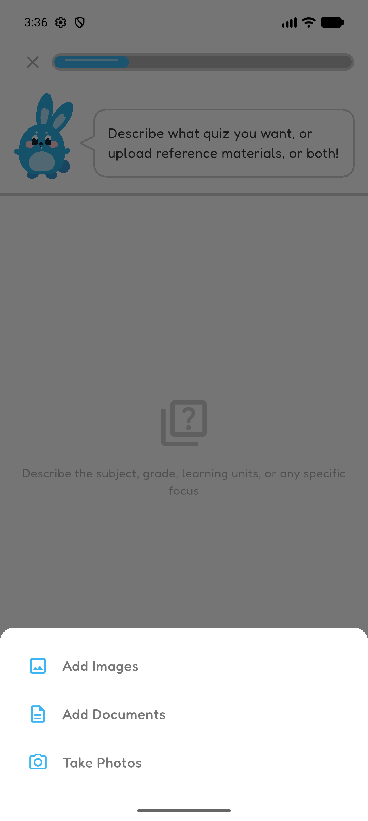 Hoppy Create screen showing Add Images, Add Documents, and Take Photos attachment options.