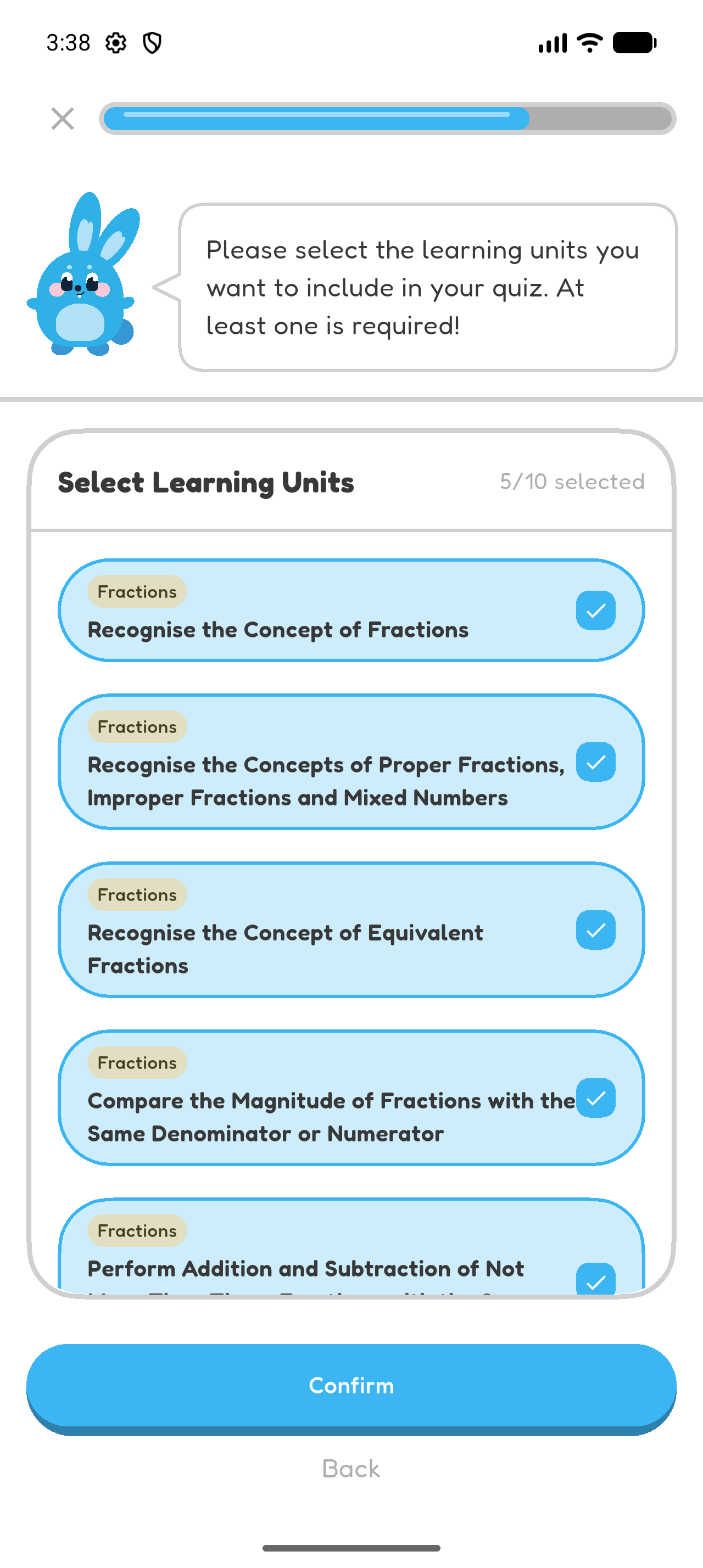 Hoppy Create screen showing five selected fractions learning units and the Confirm button.