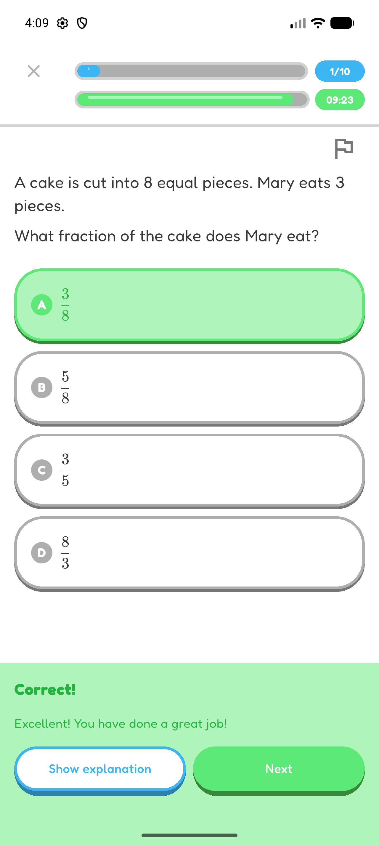 Hoppy answer feedback showing a correct answer, Show explanation, and Next.