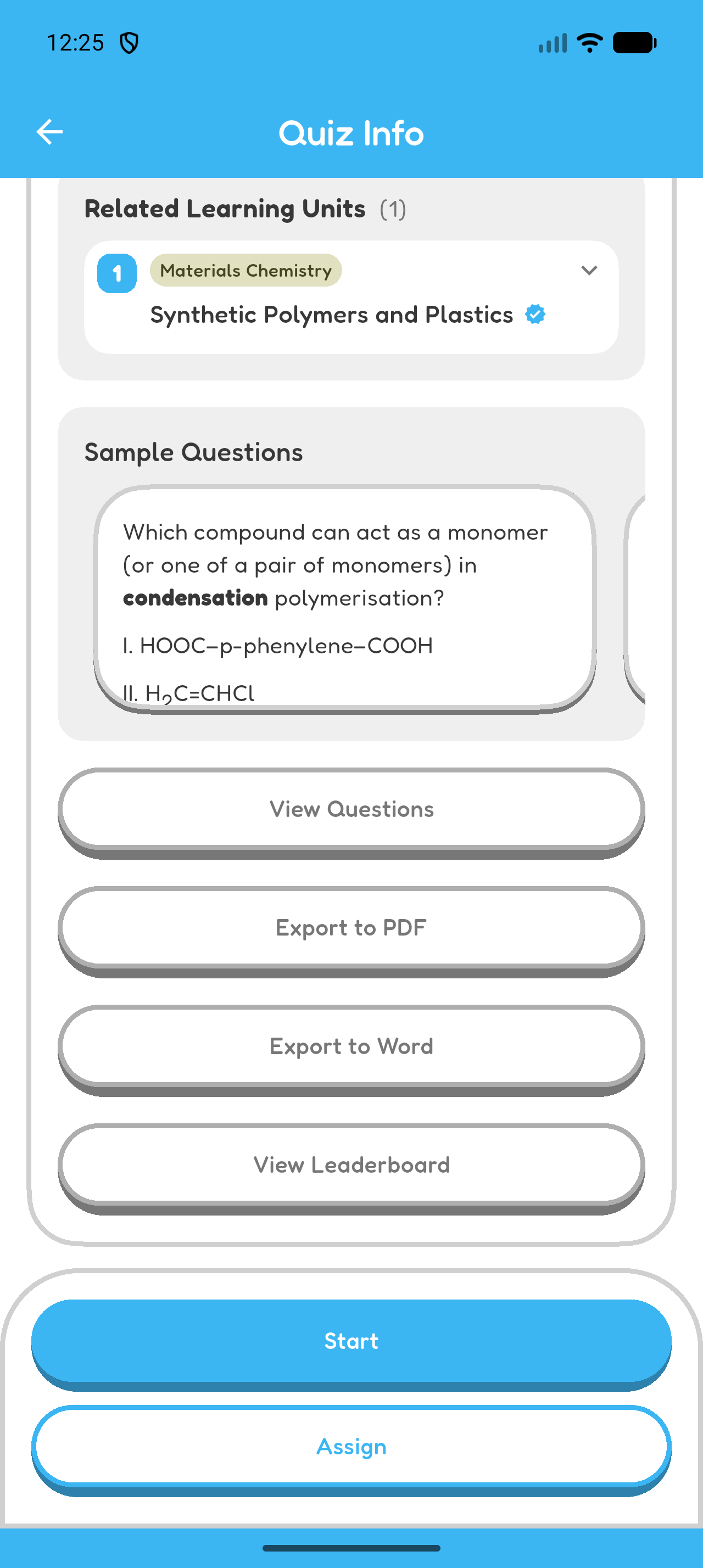 Hoppy Quiz Info showing View Questions, Export to PDF, Export to Word, and View Leaderboard controls.