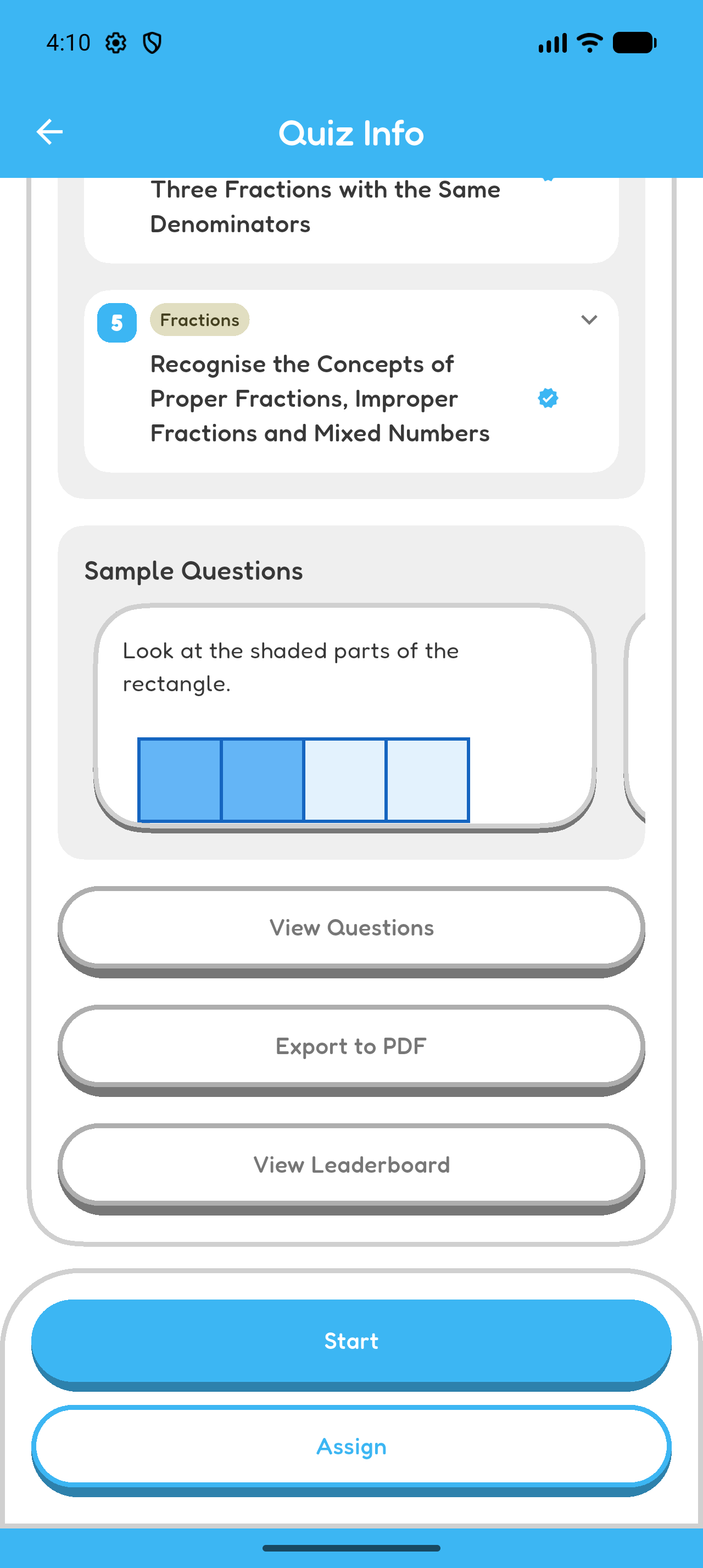 Hoppy Quiz Info screen showing View Questions, Export to PDF, and View Leaderboard.