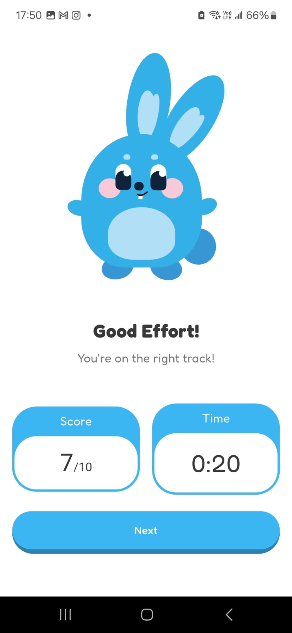 Hoppy quiz result screen showing a score of 7 out of 10, a time of 20 seconds, and Next.