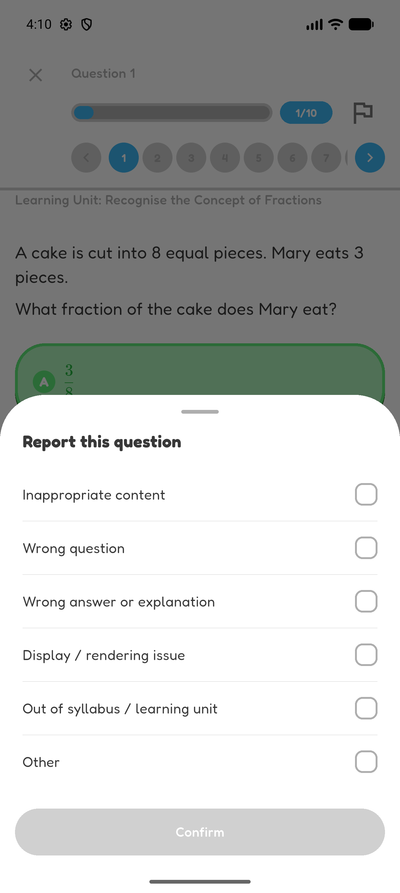 Hoppy report sheet listing reasons for reporting a quiz question.
