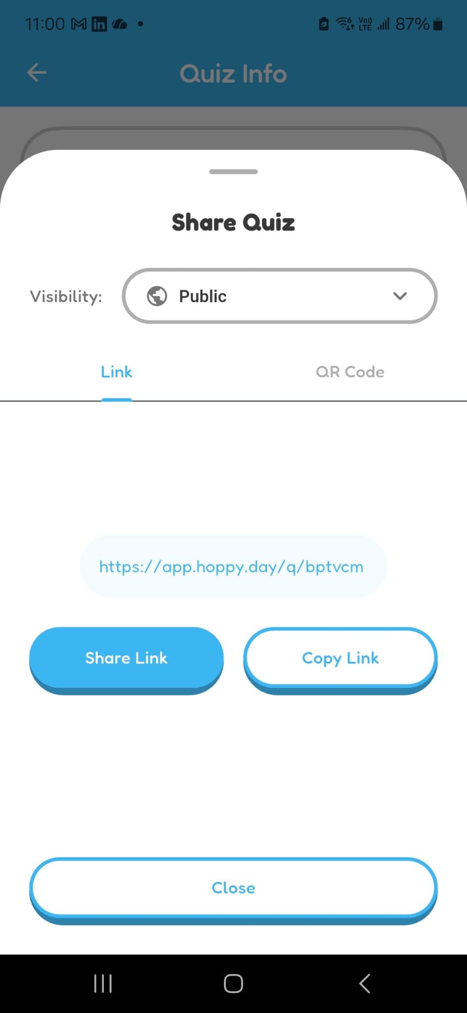 Hoppy Share Quiz sheet with the Link tab selected and Share Link and Copy Link buttons.