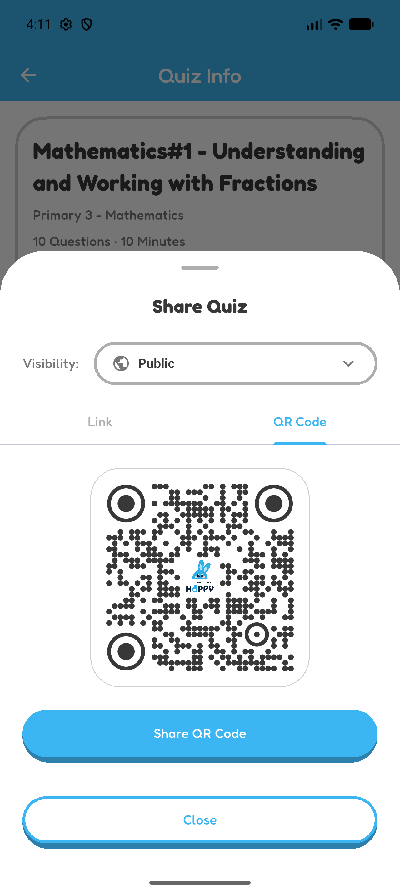 Hoppy Share Quiz sheet with the QR Code tab selected.