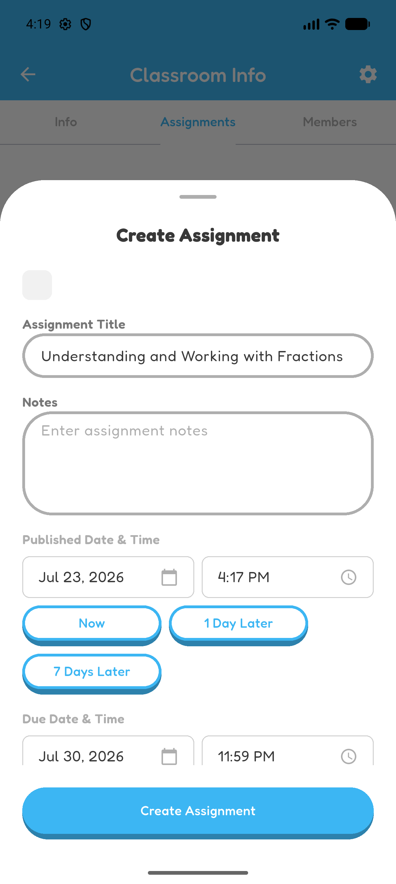 Create Assignment form with title, notes, publication time, due time, and Create Assignment button.