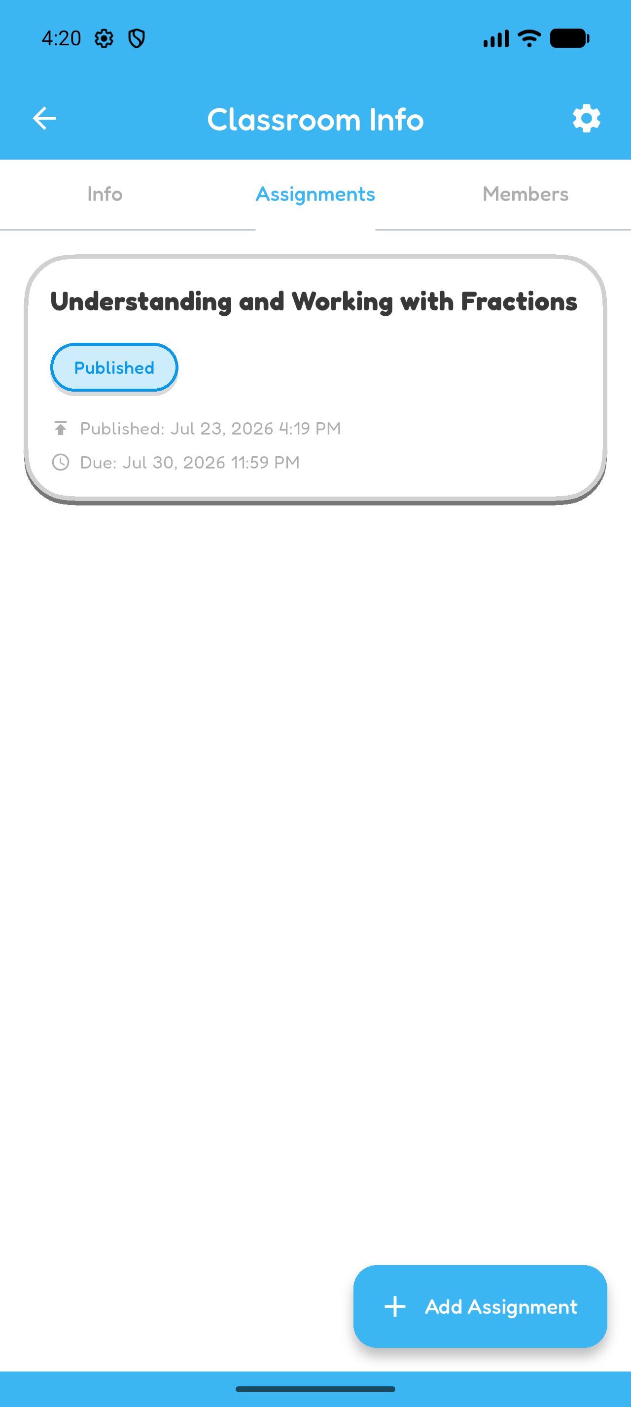 Classroom Assignments tab showing the newly published assignment.