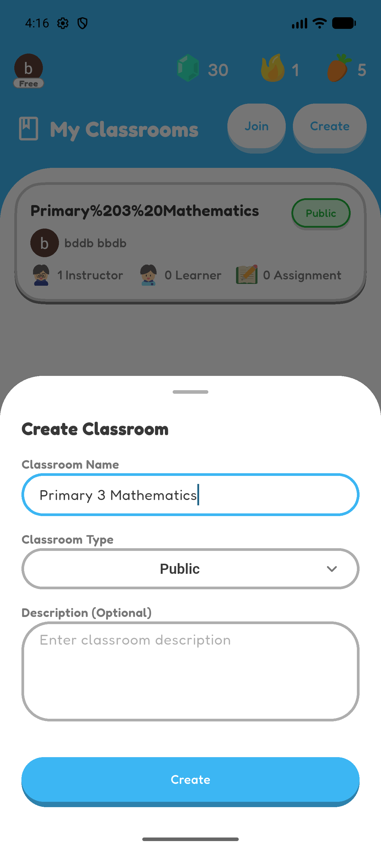 Create Classroom form with a classroom name and the Public classroom type selected.