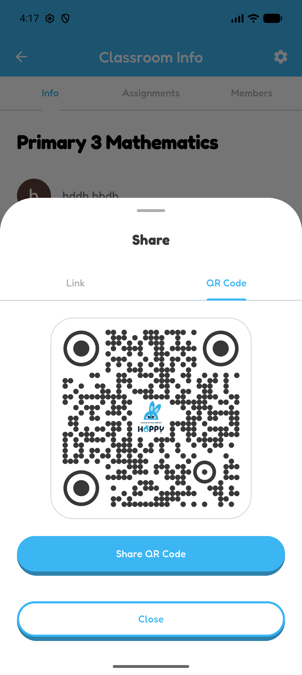 Hoppy classroom sharing sheet with the QR Code tab selected.