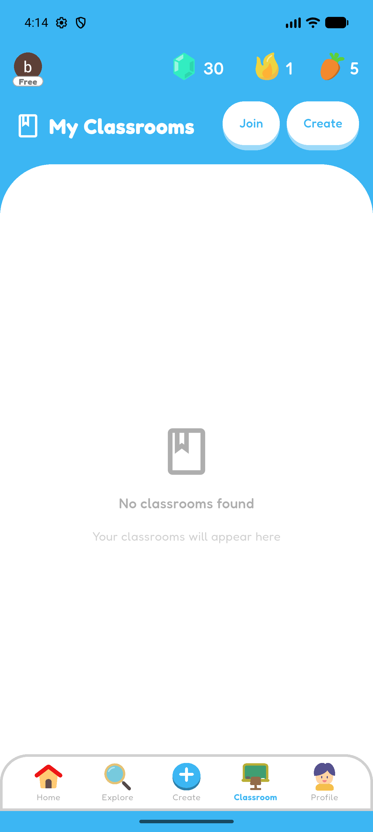 My Classrooms screen with the Create button at the top.