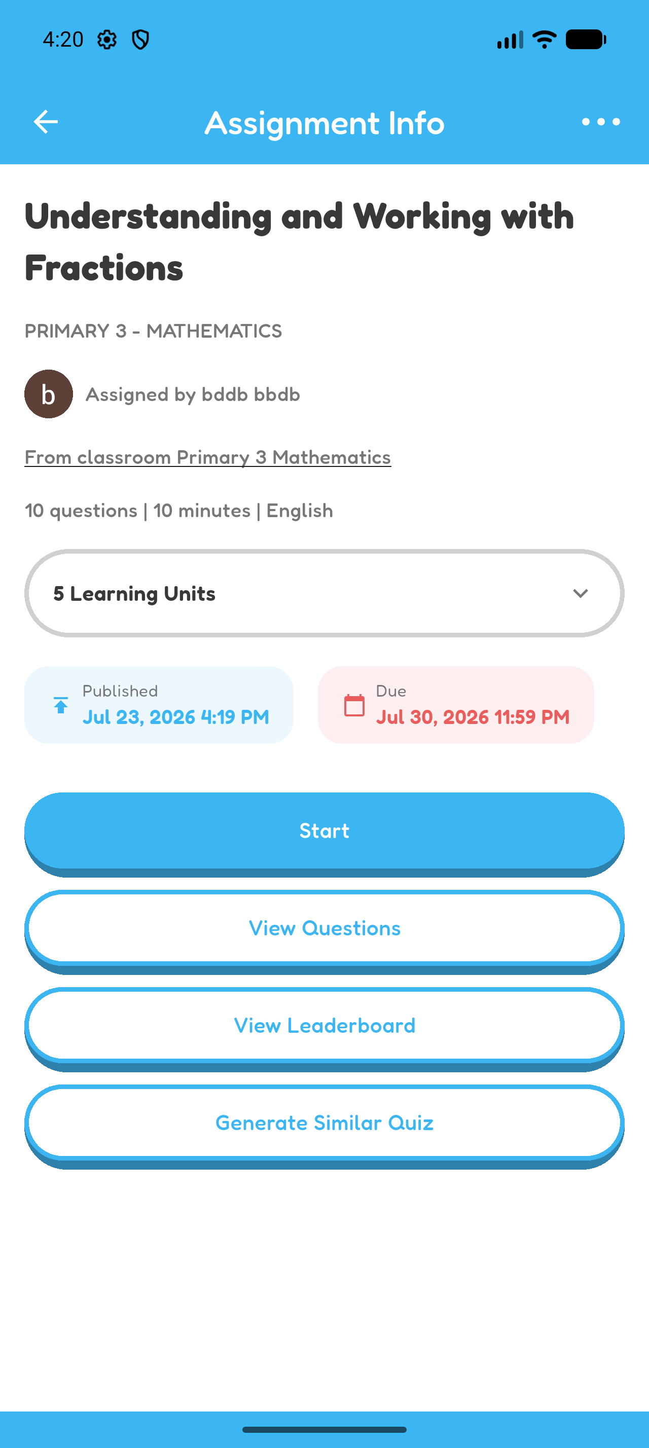 Assignment information screen with the View Leaderboard button.