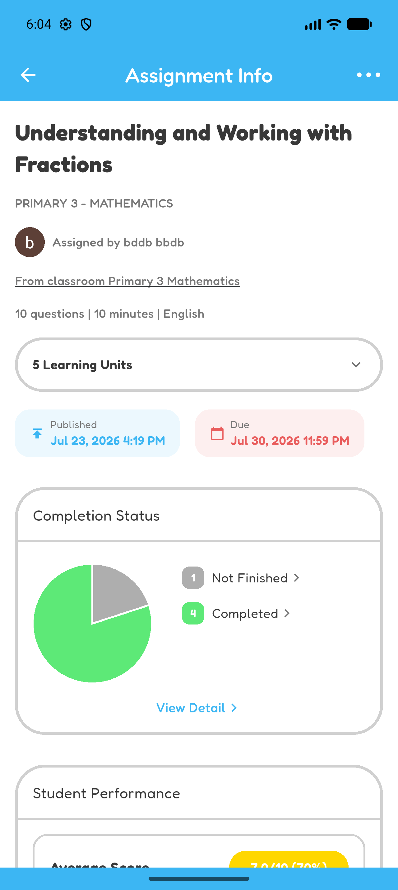 Assignment Info showing four completed students, one unfinished student, and the beginning of Student Performance.