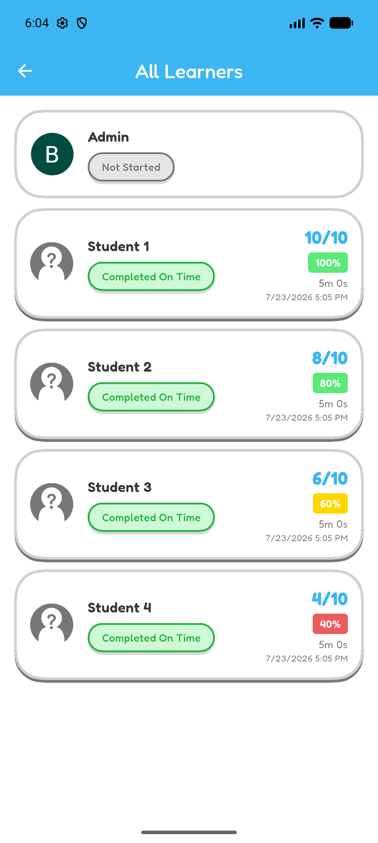 All Learners screen showing completed students who can be selected to review their attempts.