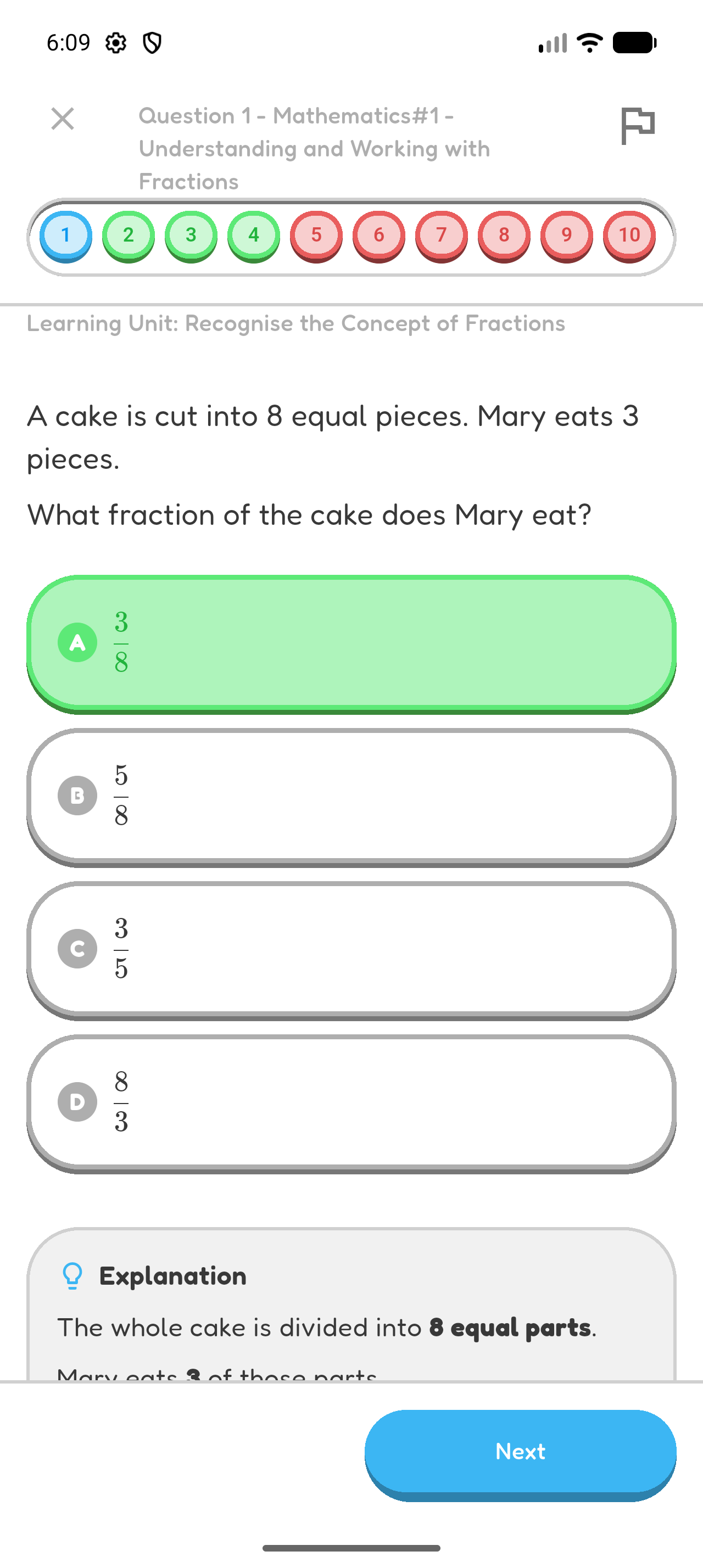 A completed student attempt showing correct questions in green, incorrect questions in red, the selected answer, and the explanation.