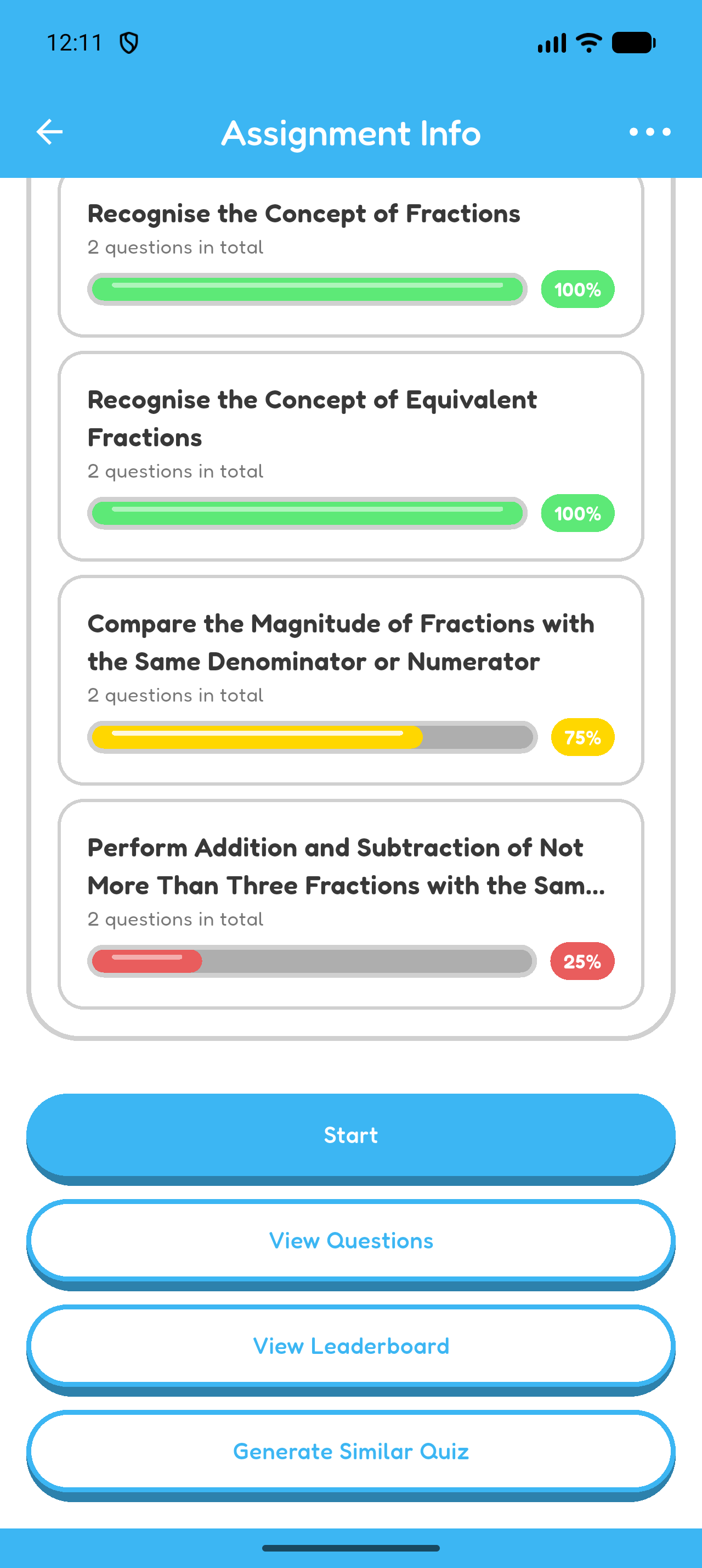 Assignment Info showing learning-unit results and the follow-up quiz button.