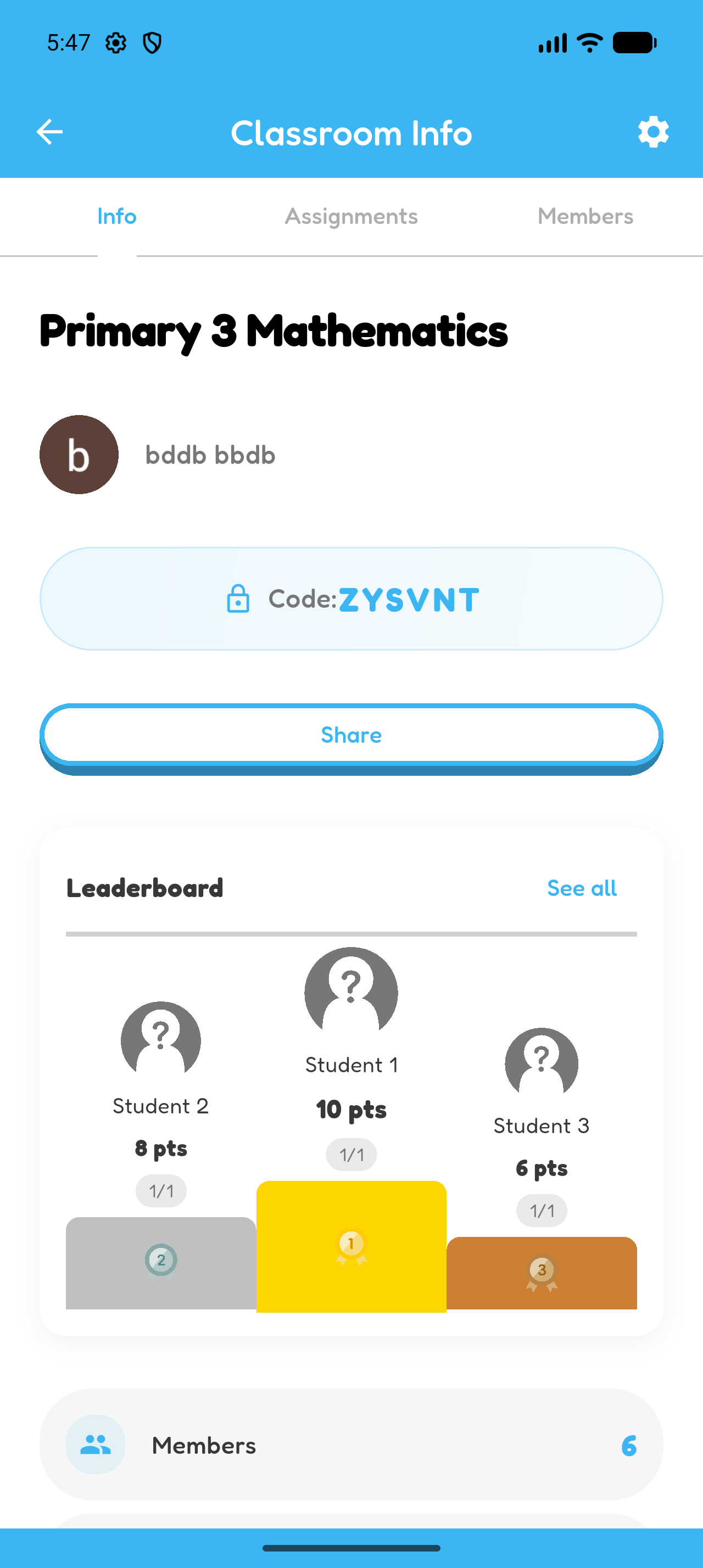 Hoppy classroom information showing the classroom leaderboard preview and See all.