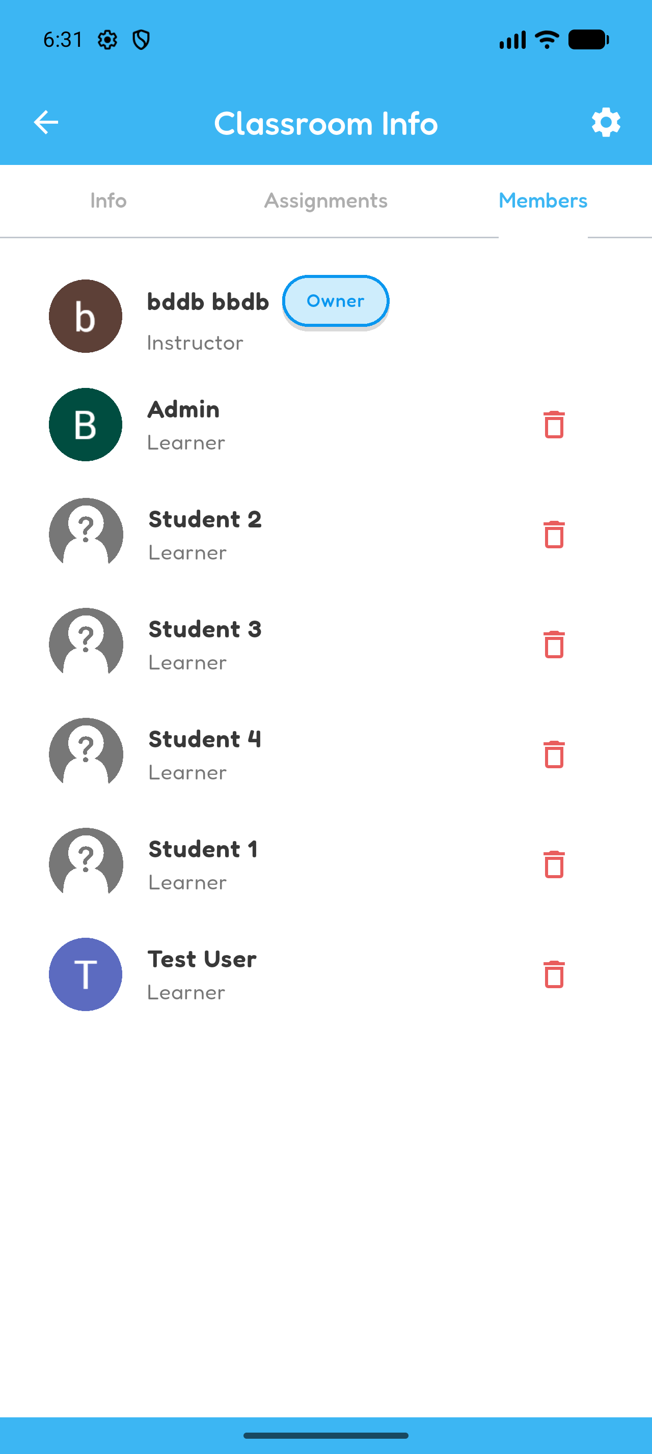 Hoppy classroom Members tab showing Test User added as a sixth student after Google Classroom roster import.