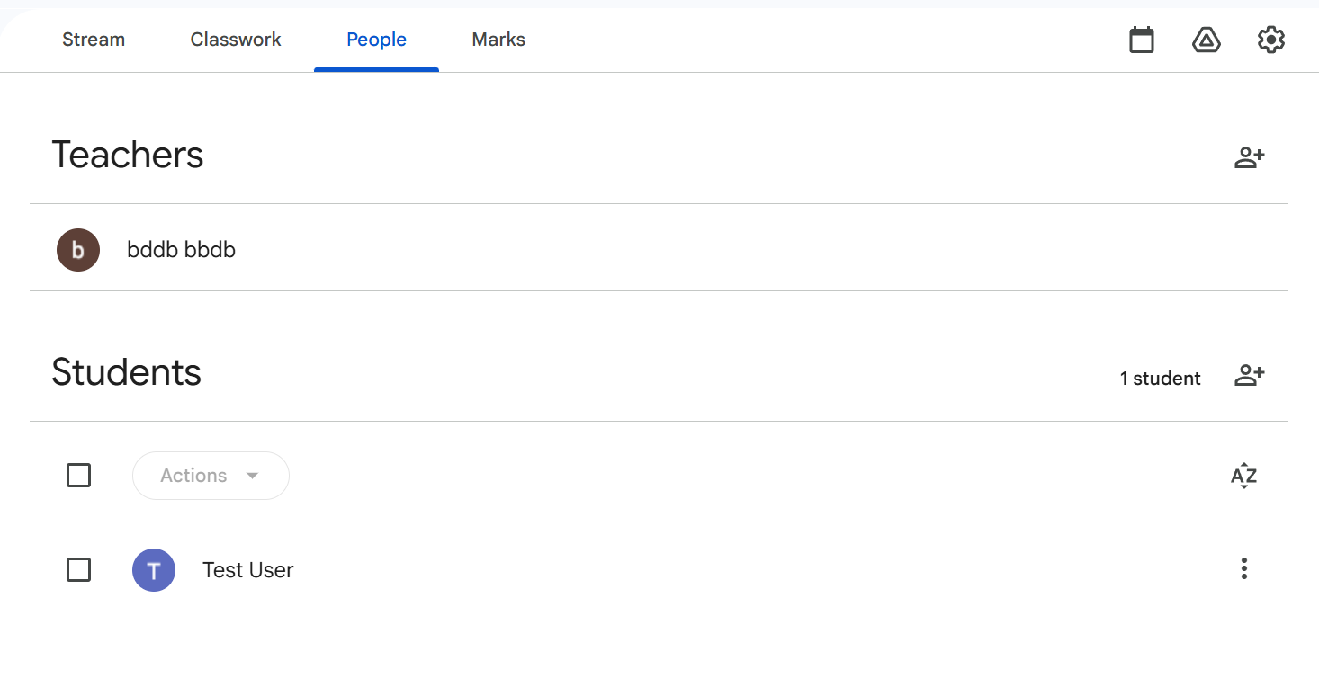 Google Classroom People tab showing Test User in the Students roster.