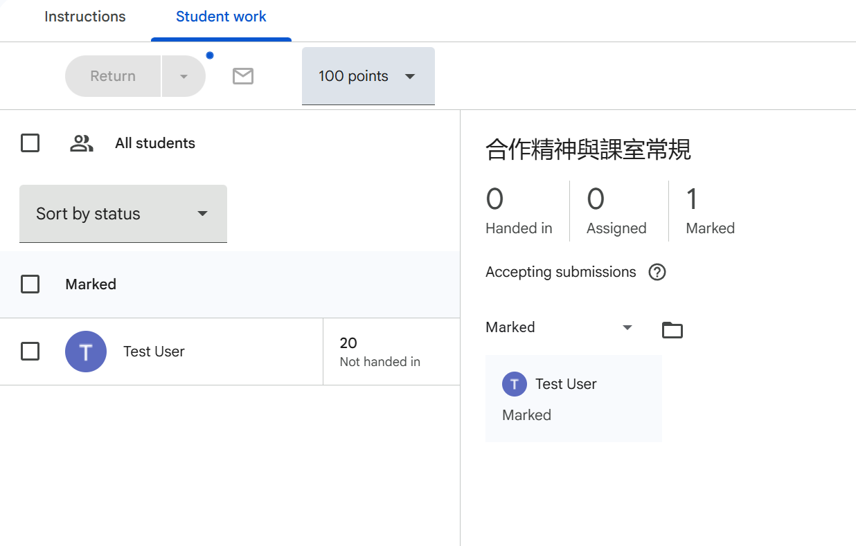Google Classroom Student work showing Test User marked with a synchronized score of 20 out of 100.