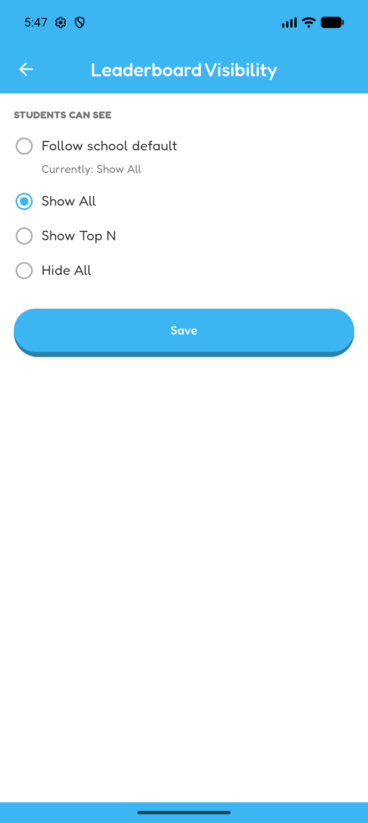 Leaderboard Visibility screen showing Follow school default, Show All, Show Top N, Hide All, and Save.