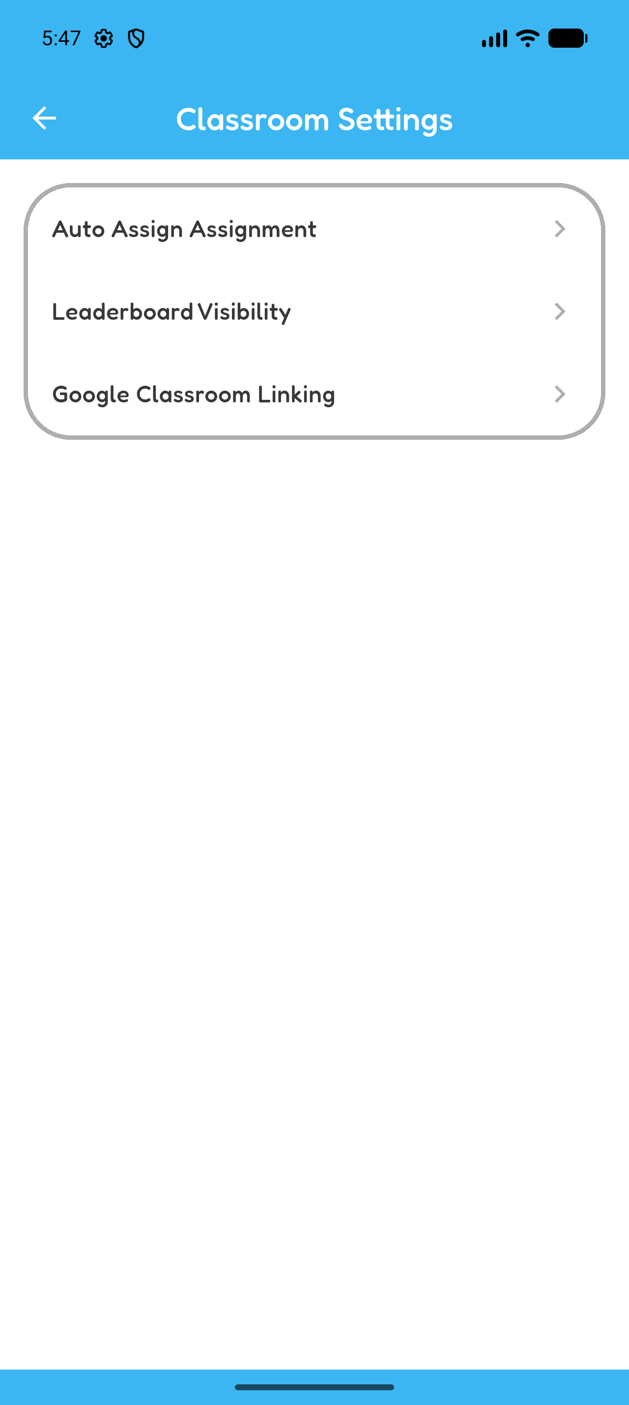 Hoppy Classroom Settings showing Leaderboard Visibility and Google Classroom Linking.