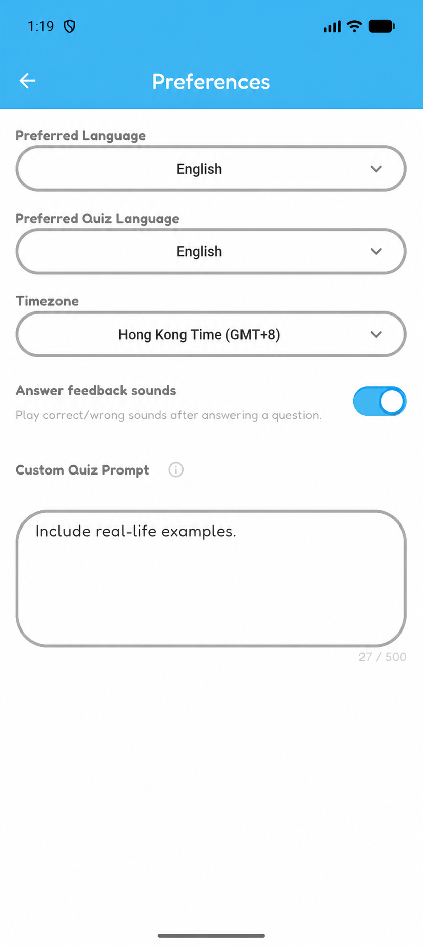 Hoppy Preferences page with “Include real-life examples.” entered in the Custom Quiz Prompt field.