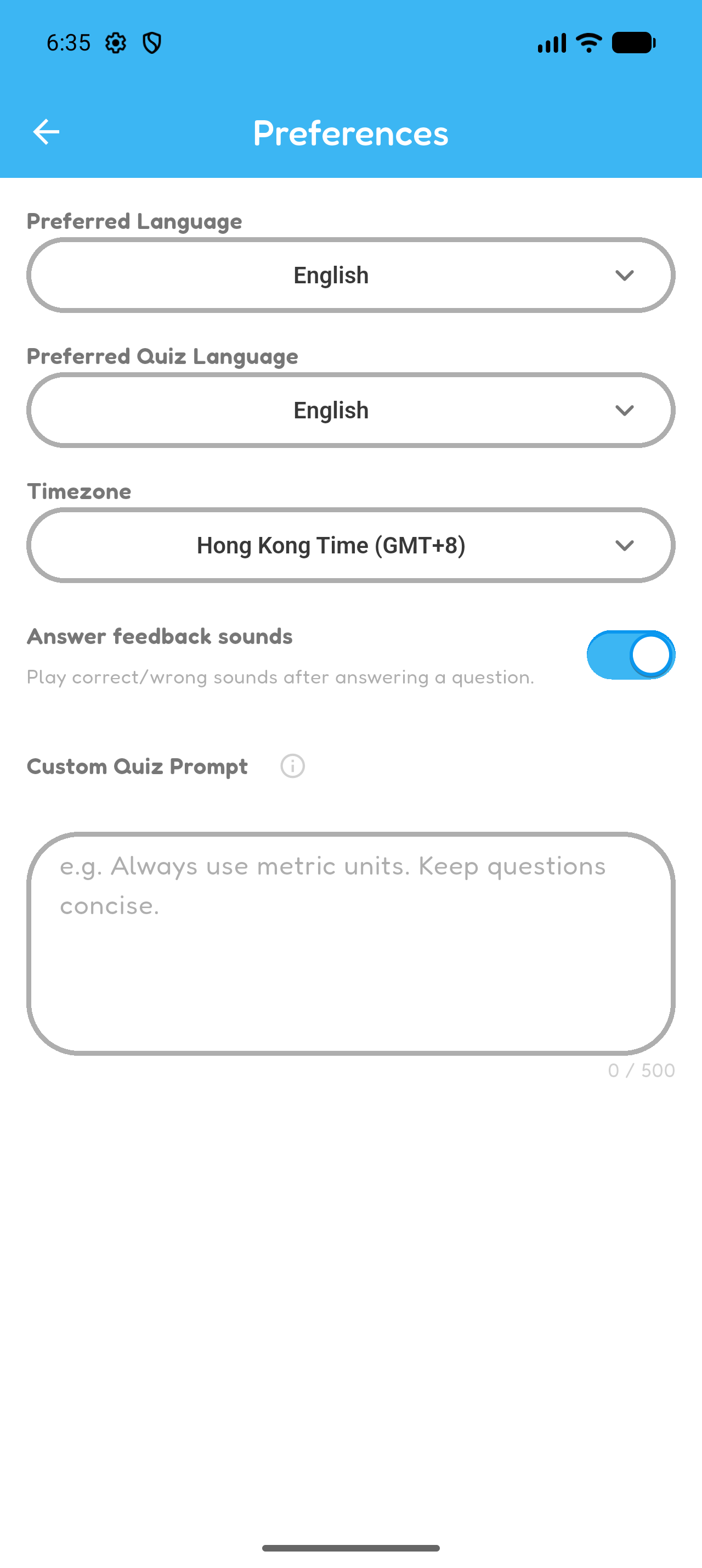 Preferences page with English selected for both Preferred Language and Preferred Quiz Language.