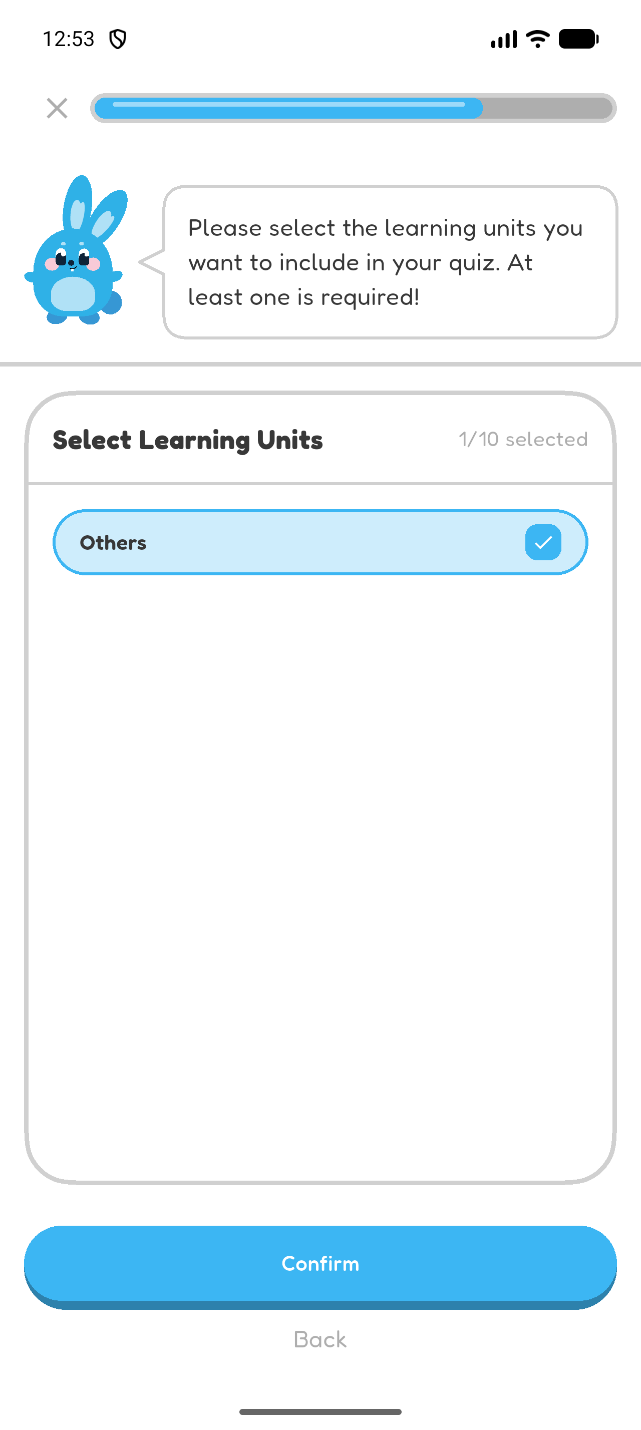 Hoppy Create showing Others automatically selected as the only learning unit for an unmatched quiz topic.