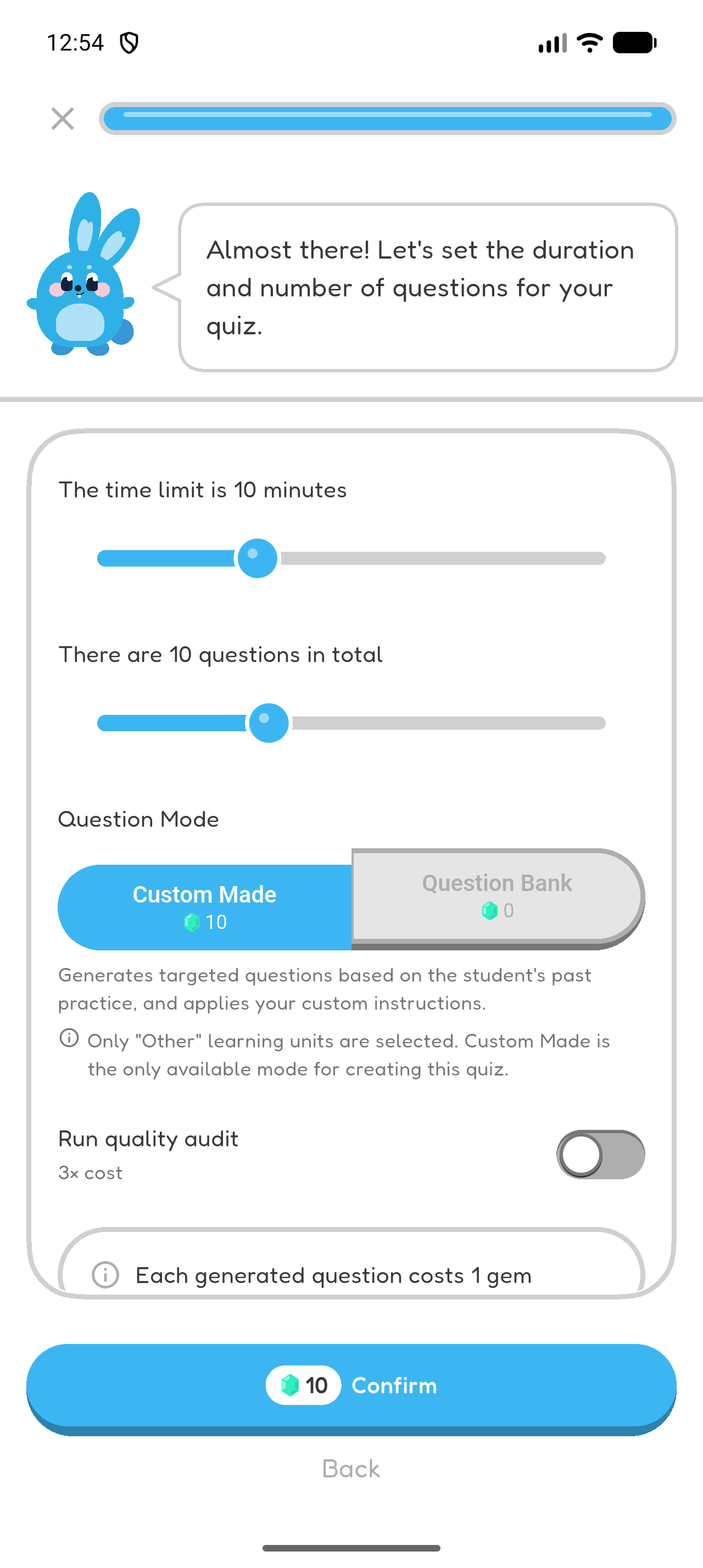 Quiz settings showing Custom Made selected and Question Bank unavailable because only the Others learning unit is selected.