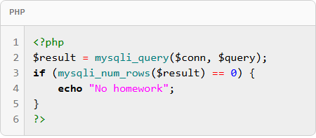 PHP mysqli query code block with syntax highlighting